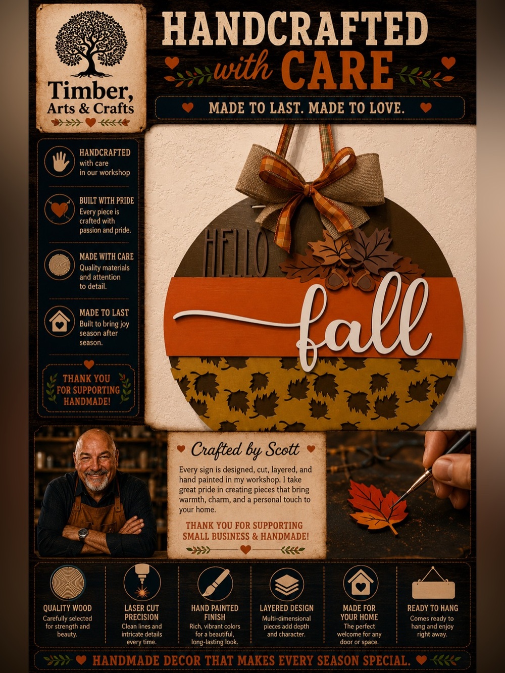 Hand Crafted Wooden  “Hello Fall “ Door Hanger Laser Cut